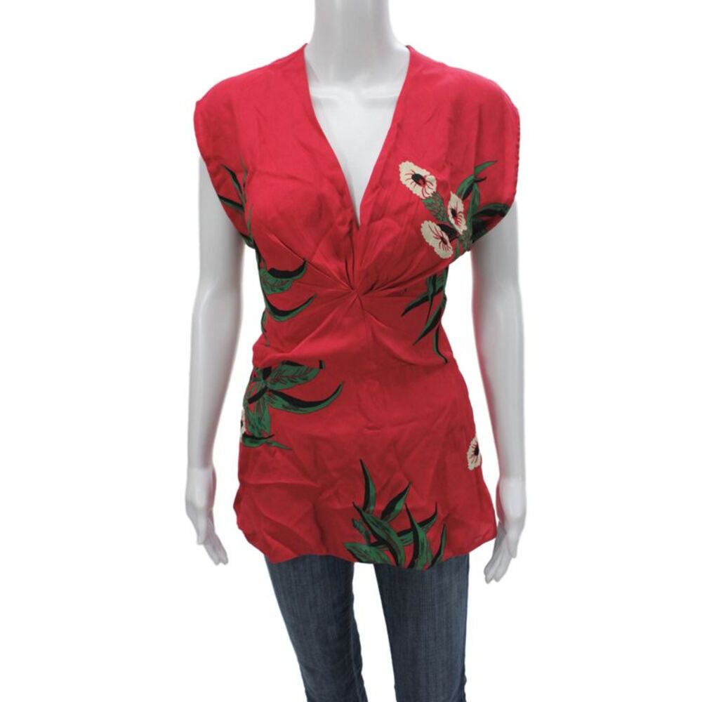 Marni Women Red Floral V Neck Zip Tunic Hawaiian Viscose Short Sleeve Size 40